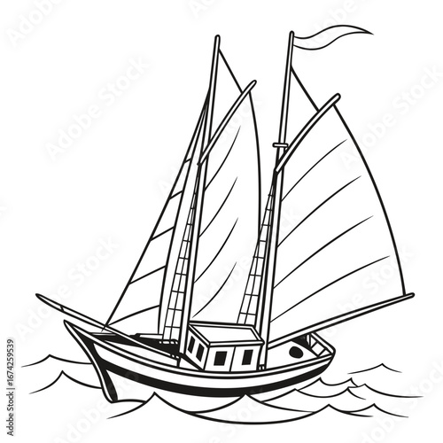 A classic sailing schooner with full sails glides across the water on a bright day