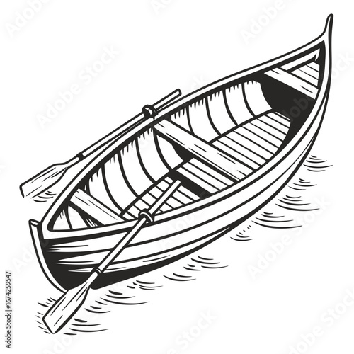A detailed black and white illustration of an empty wooden rowboat with oars resting inside on calm water