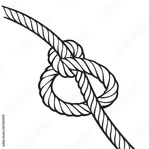 A detailed black and white illustration of a securely tied figure eight knot on a thick rope