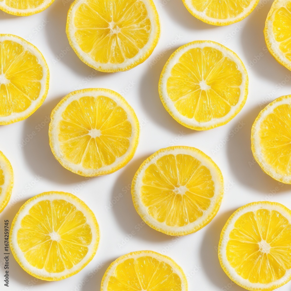 Obraz premium Fresh Lemon Slices Pattern on White Background