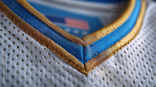 Close-up of sports jersey fabric showcasing detailed stitching, vibrant colors, high-quality material, and textured textile design for athletic performance and stylish sportswear