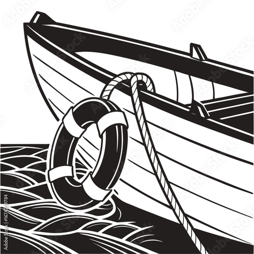 Black and white illustration of a life preserver ring attached to a boat with rope on wavy water