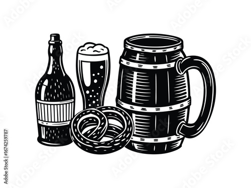 Traditional german beer mug pretzel and beer bottle classic beverage still life