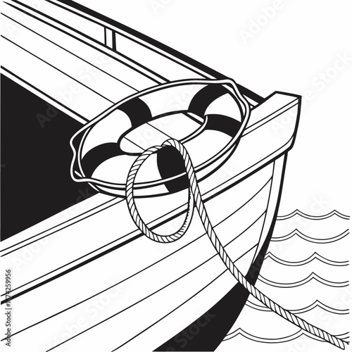 Close up of a life preserver ring tied with a rope on the bow of a boat with waves