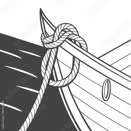 Close up of a nautical knot securing a boat to a dock with water and stylized waves