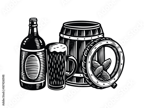 Vintage beer scene bottle mug barrel and hops for refreshing drinks