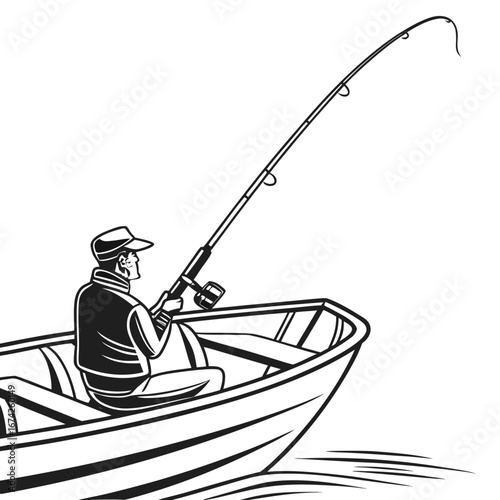 Man wearing a cap and vest fishing from a boat with a fishing rod and reel