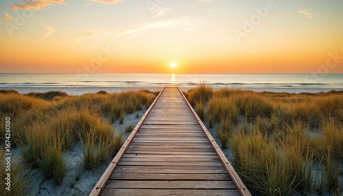 Fototapeta Naklejka Na Ścianę i Meble -  Boardwalk path leading to the ocean under a warm, glowing sunset sky with calm water and surrounding sandy dunes