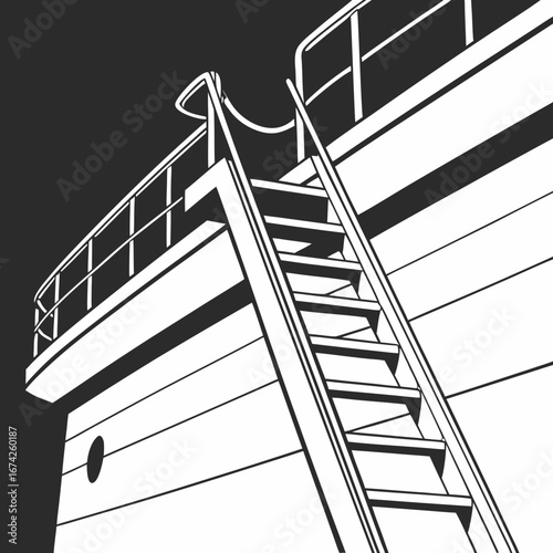 Minimalist vector illustration of a ship s gangway and railing against a dark background