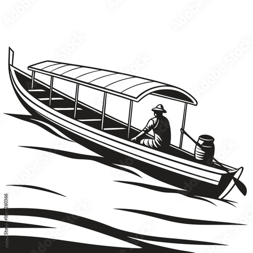 Silhouette of a man wearing a hat steering a long boat with a canopy on a river