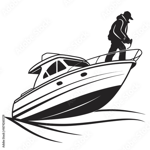 Silhouette of a person in a jacket and cap standing on the deck of a moving motor yacht