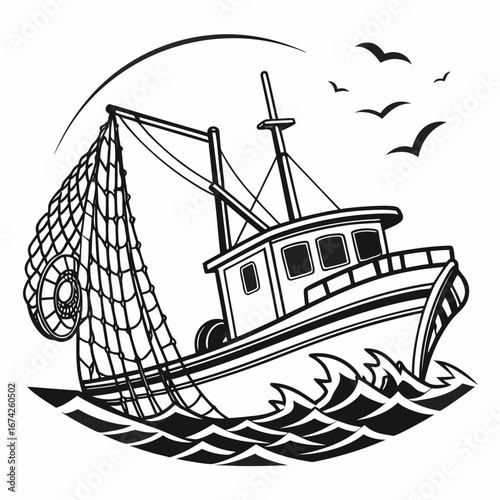 Stylized black and white illustration of a fishing trawler with a net deployed at sea with seagulls overhead