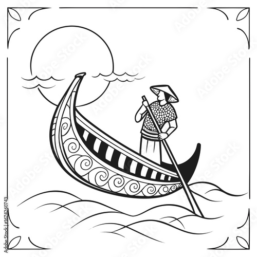 Traditional gondola boat with a person wearing a conical hat rowing on water under the sun