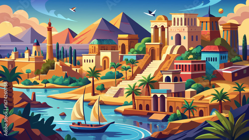 Aswan, Egypt, where the Nile flows gracefully, colorful markets thrive, and ancient temples stand proudly, blending Nubian traditions with Pharaonic splendor in a timeless riverside setting.