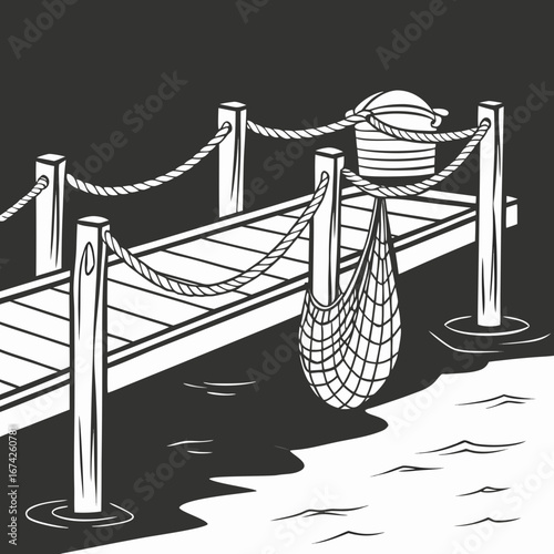 Wooden pier with ropes and a fishing net hanging over the dark water