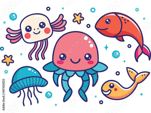 Cute kawaii sea creatures collection featuring jellyfish and fish underwater ocean life