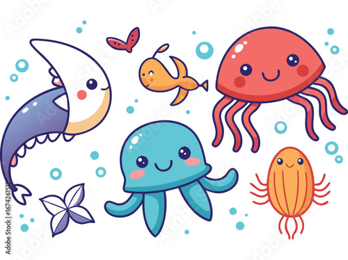 Adorable kawaii ocean friends collection featuring cute shark jellyfish octopus fish and butterflies