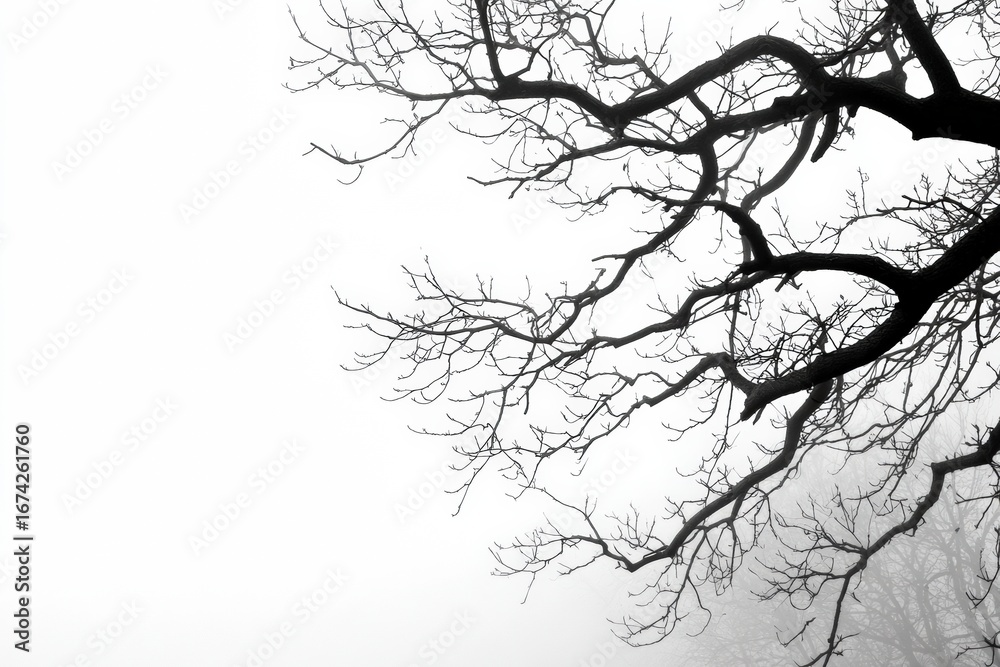 Fototapeta premium Bare tree branches against a foggy white background