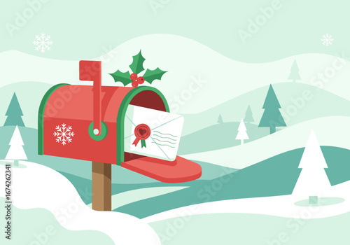 Festive mailbox with a Christmas card in a snowy winter landscape