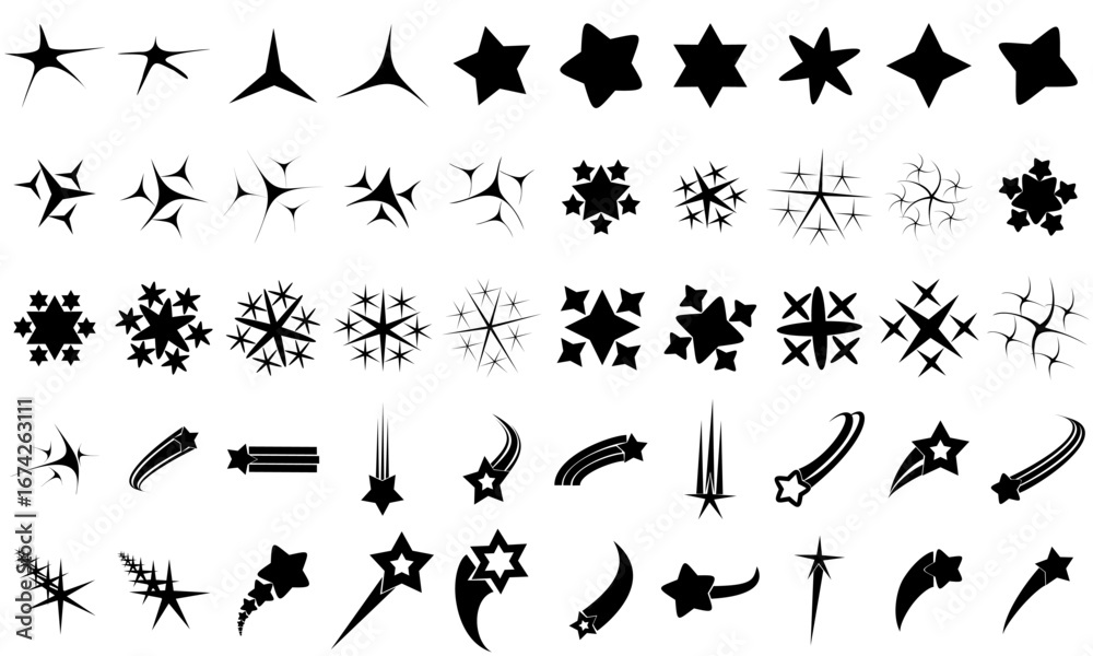 Fototapeta premium various shapes of star icons, sparkling stars and shooting stars to complete the image of imagination and others isolated on a white background, vector