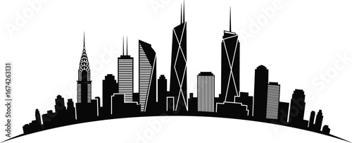 Flat vector illustration of modern city skyline, urban skyscrapers silhouette, high-rise buildings, cityscape design, architecture background for design projects.