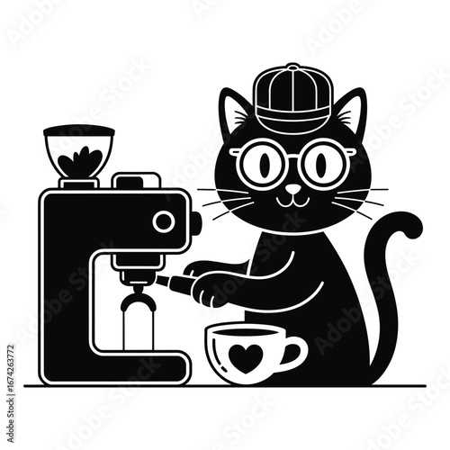 Black cat wearing a cap and glasses making coffee with a machine kitten animal