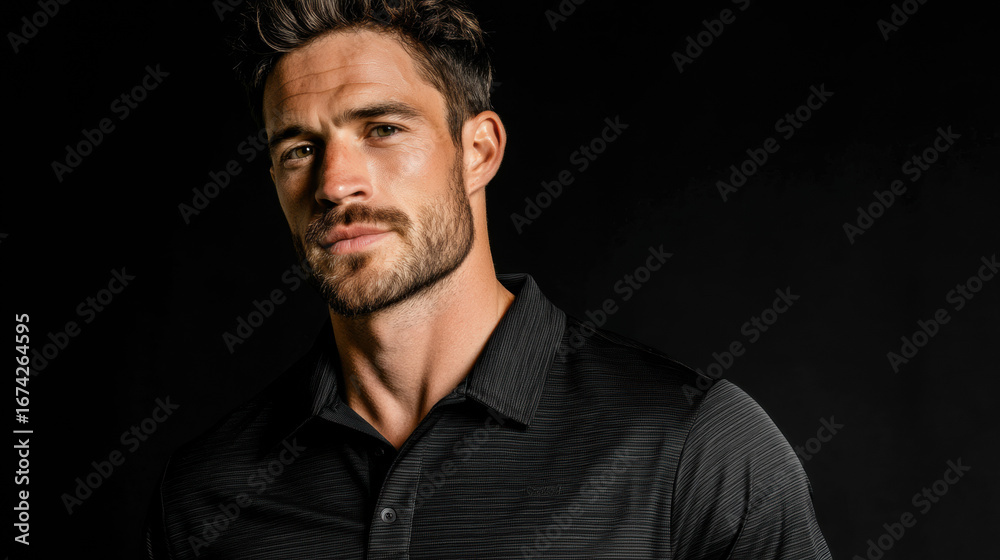 Obraz premium Professional male portrait of confident, handsome man with stylish grooming and fashionable casual attire in modern studio setting for commercial use