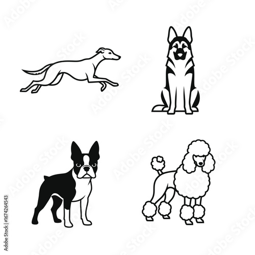 Line art dog breeds including Greyhound, German Shepherd, Boston Terrier, and Poodle