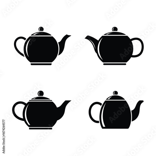Four Simple Black Teapot Silhouettes, a Versatile Collection of Tea Brewing Illustrations