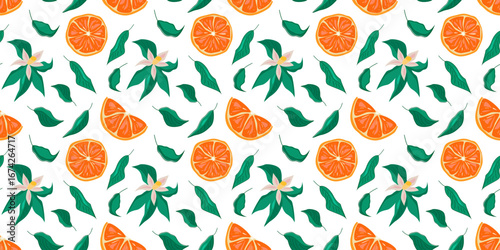 A Vibrant Citrus Pattern That Features Oranges Along with Beautiful Green Leaves