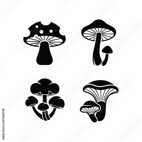 Four Black and White Mushroom Illustrations on a White Background