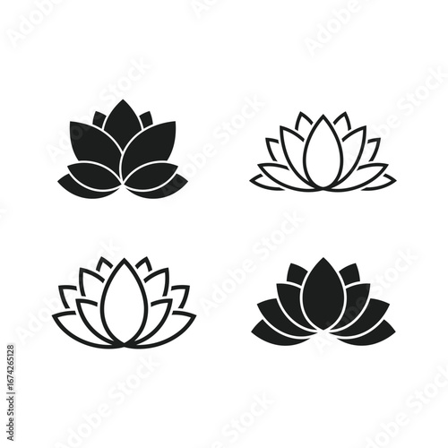 Collection of black and white lotus flower icons, minimalist vector symbols for yoga, spa, and wellness branding