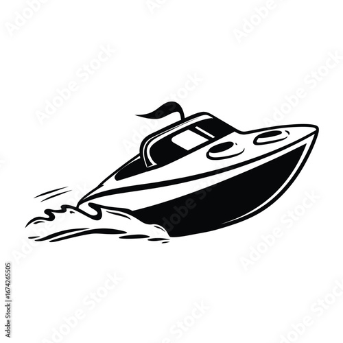 Black and white illustration of a speedboat skimming across the water, a nautical icon with speed