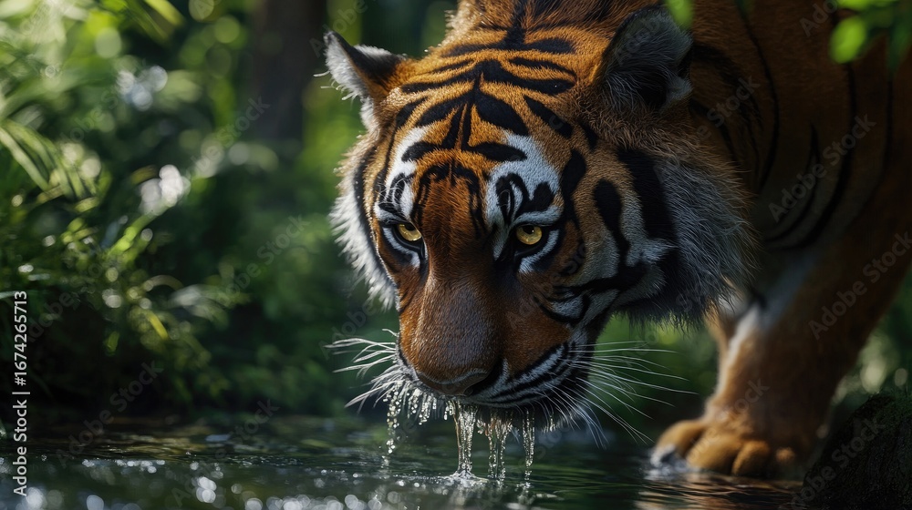 Naklejka premium A close-up of a Bengal tiger drinking water from a forest stream