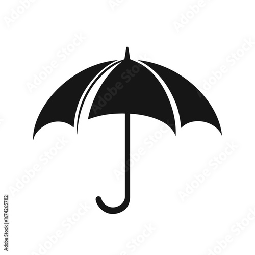 A stark black and white illustration of a classic umbrella, symbolizing protection and shelter from the elements, presented in a minimalist graphic style