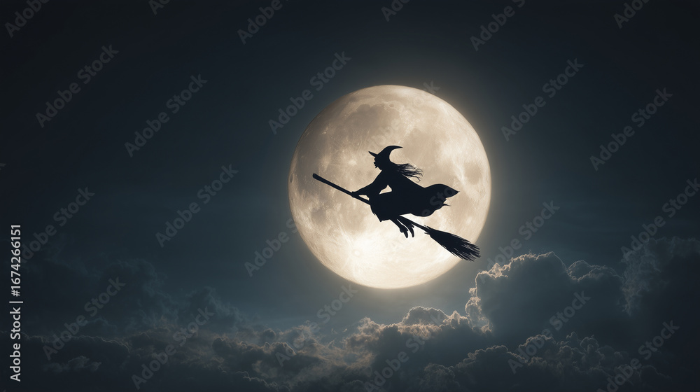 Fototapeta premium A witch flying across the moon on a broomstick