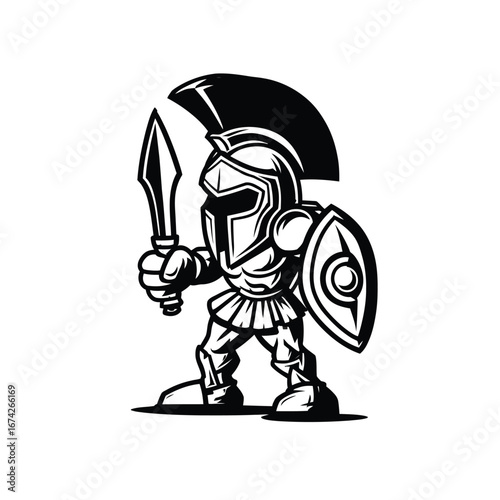 Stylized black and white emblem of a heroic ancient Greek warrior. A strong and determined mascot character concept for sports or gaming