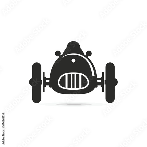Monochrome vector icon of a classic retro race car viewed from the front. A simple graphic symbol of speed, heritage, and motorsport competition