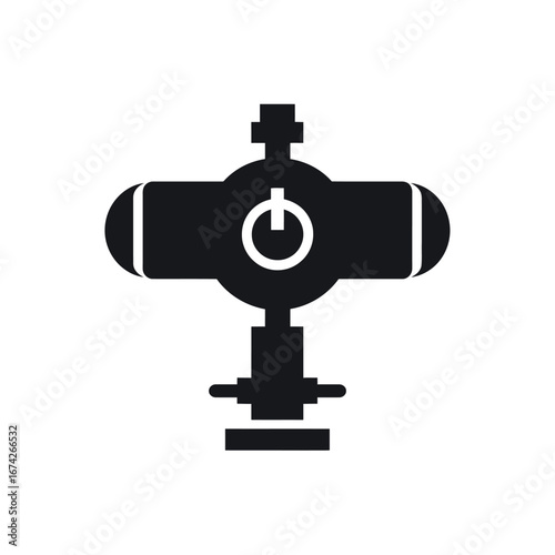Industrial control panel icon depicting a stylized vintage mechanism with a central power switch, representing activation, operation, and automation technology