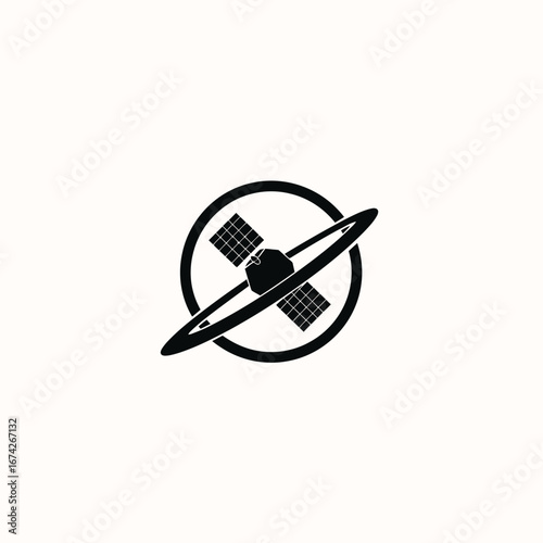 Minimalist satellite icon orbiting a planet with a ring, symbolizing space exploration, technological advancement, and global communication systems