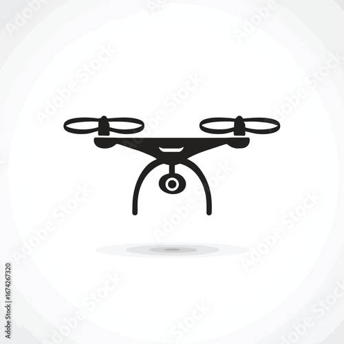 Black quadcopter drone icon with a camera for aerial photography and video surveillance. Simple vector illustration on a white background