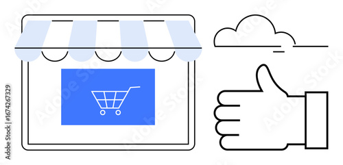 E-commerce storefront featuring a shopping cart icon, a striped awning, cloud element, and thumbs-up. Ideal for online shopping, digital business, customer satisfaction, e-commerce, retail