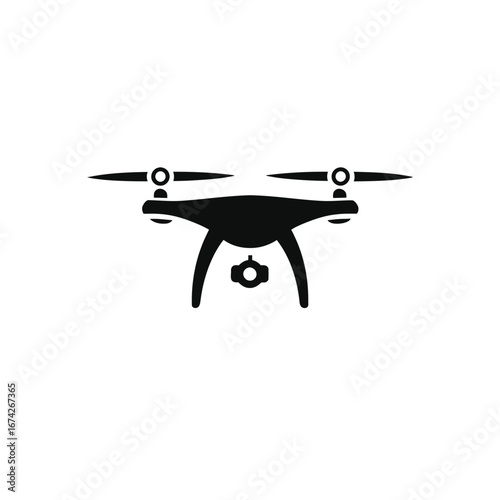 Black drone quadcopter icon with camera for aerial photography and videography, isolated on a white background. Modern technology and surveillance concept