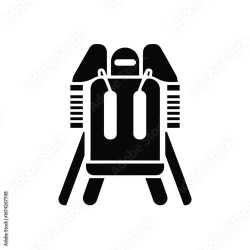 Black glyph icon of a futuristic jetpack for personal flight and transportation, a simple symbol of innovation and future technology