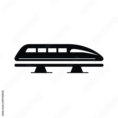 A sleek black monorail icon depicted in a simple silhouette style, symbolizing high-speed public transportation and futuristic magnetic levitation train technology