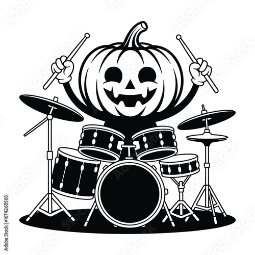 Jack o lantern character playing a drum set on white background halloween pumpkin