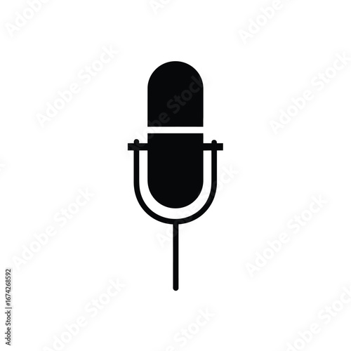 Simple black silhouette icon of a retro studio microphone for audio recording. Vector graphic symbol for voice, podcast, and broadcast isolated on a white background