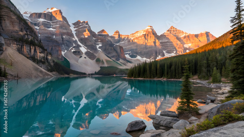 Turquoise lake reflects snow capped mountains and pine forest at sunrise reflection water