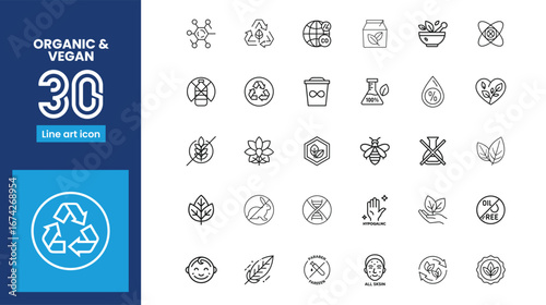 Collection of 30 organic vegan food and Eco-friendly lifestyle icons set