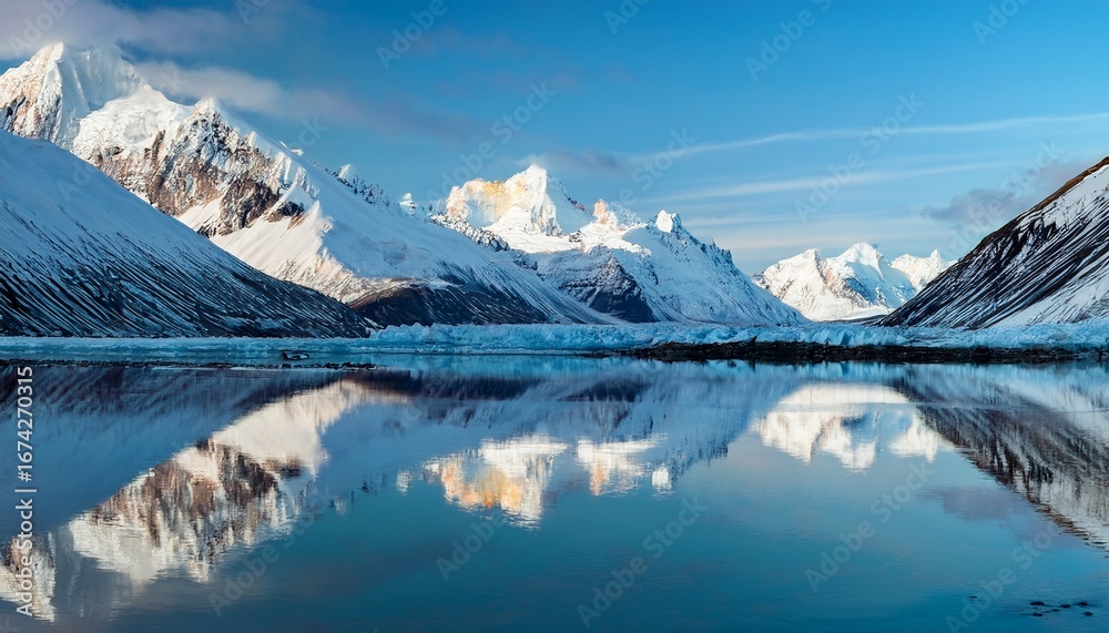 Fototapeta premium snow blanketed alaskan peaks reflected on still glass like glacial pond